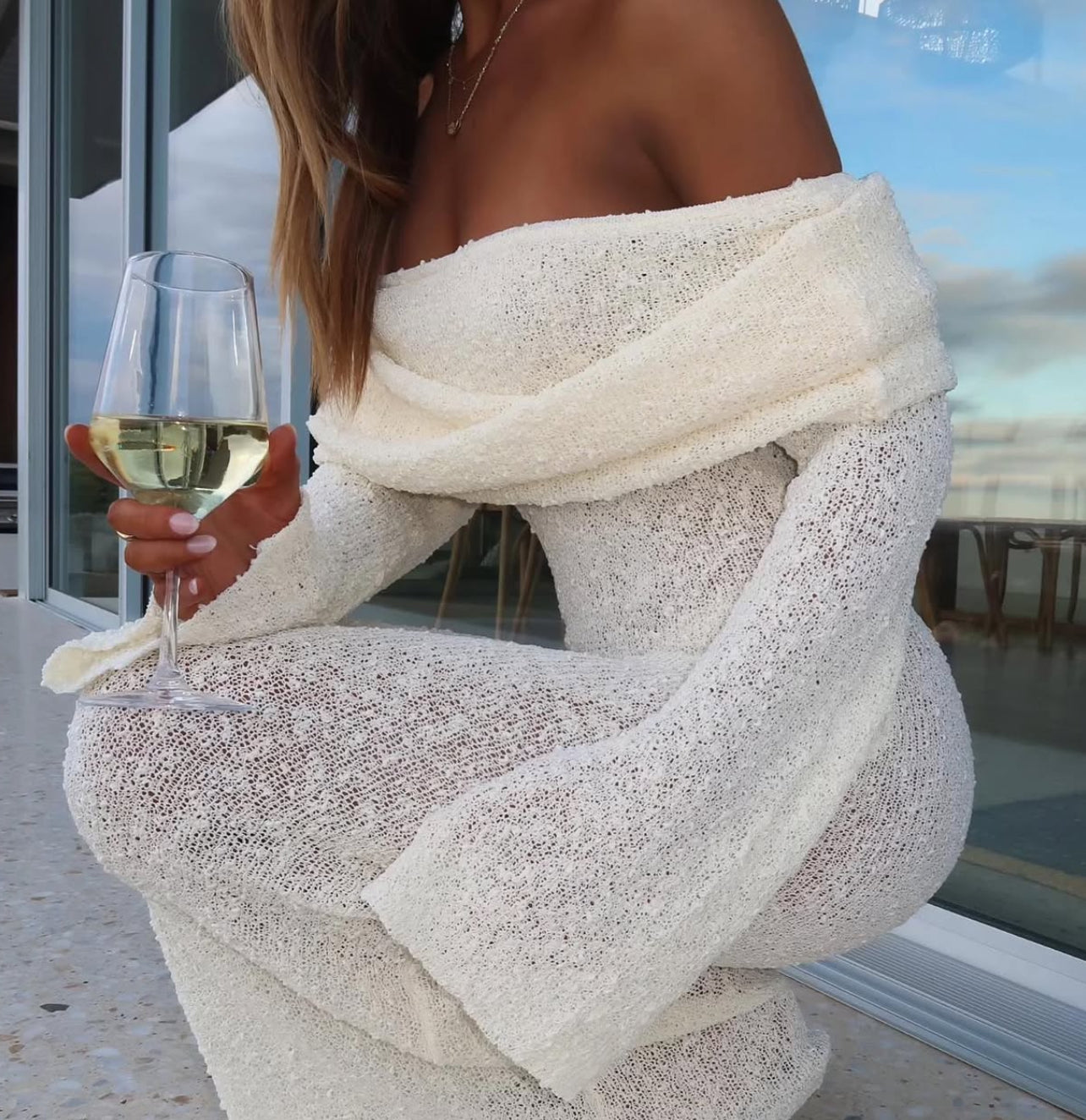 Bouclé Off-The-Shoulder Maxi